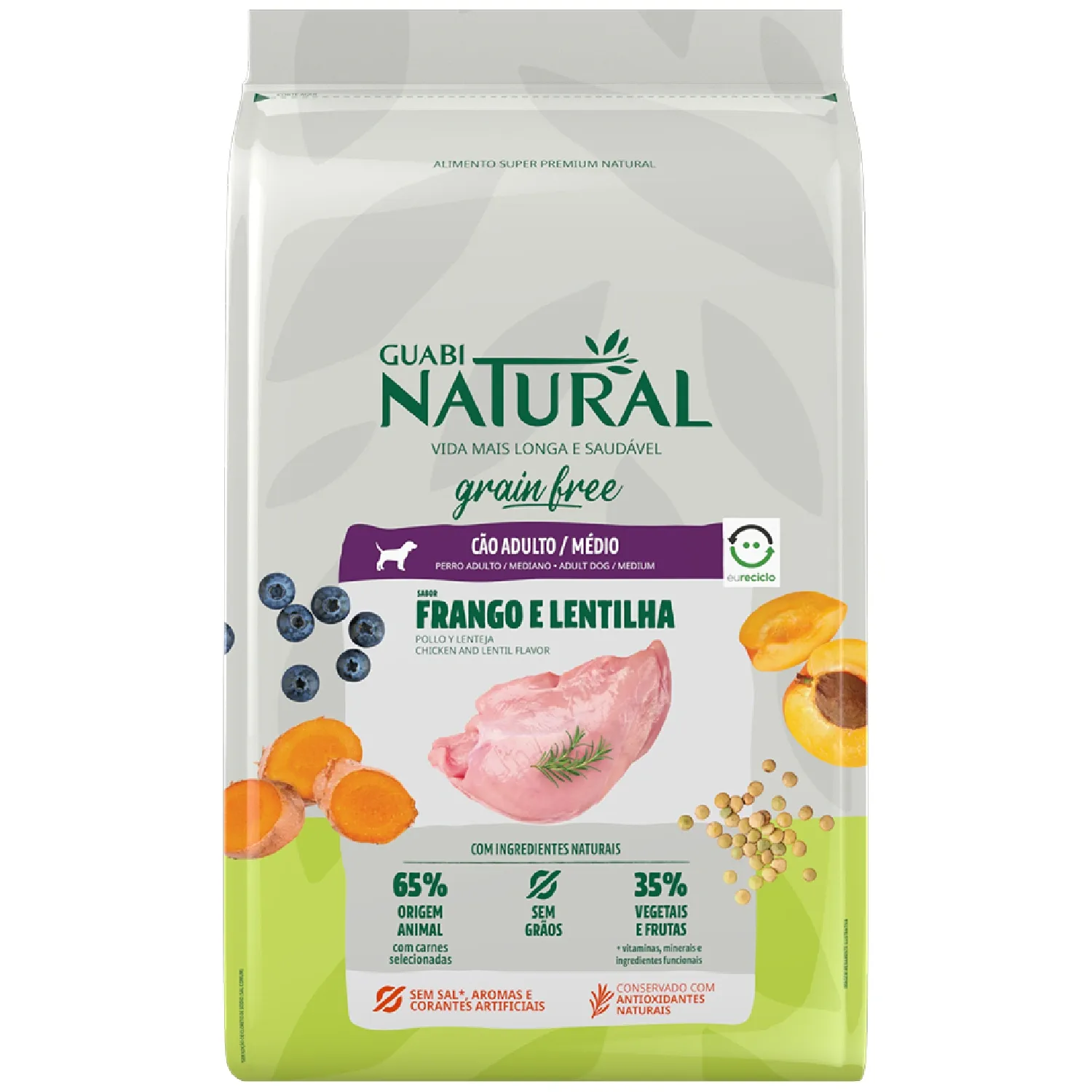 Ração Guabi Natural Grain Free Adultos Raças Médias Frango e Lentilha