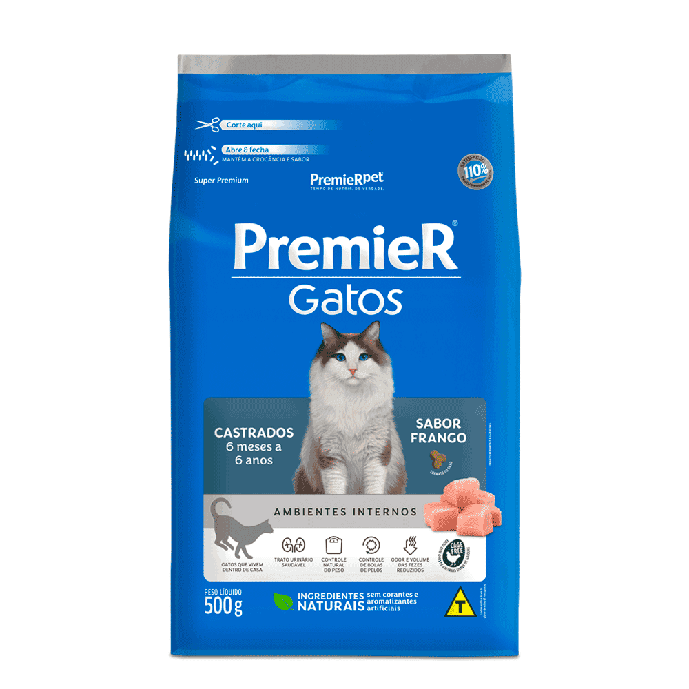 Ração Premier Ambientes Internos Gatos Castrados 6m-6a Frango